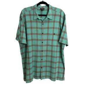 Patagonia Shirt Mens XXL Turquoise Plaid A/C Button Down Short Sleeve Org Cotton